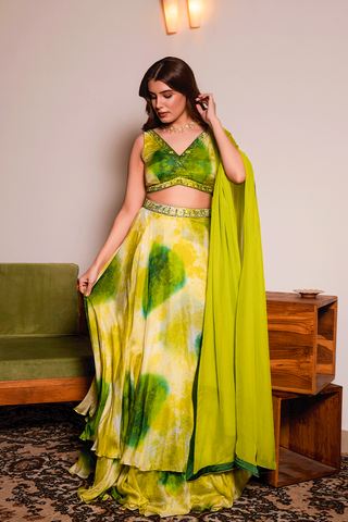 Green Tabby Silk Lehenga Set