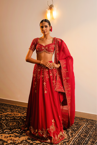 Red Crepe Lahenga Set