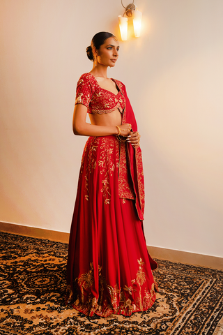 Red Crepe Lahenga Set