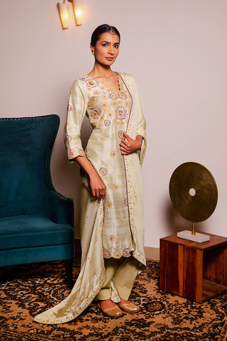 Green Raw Silk Kurta Set