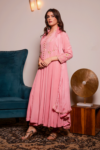 Pink Crepe Anarkali Kurta Set