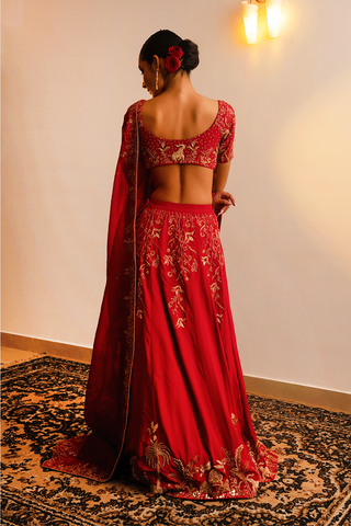 Red Crepe Lahenga Set