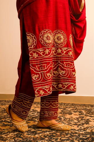 Red Raw Silk Kurta Set